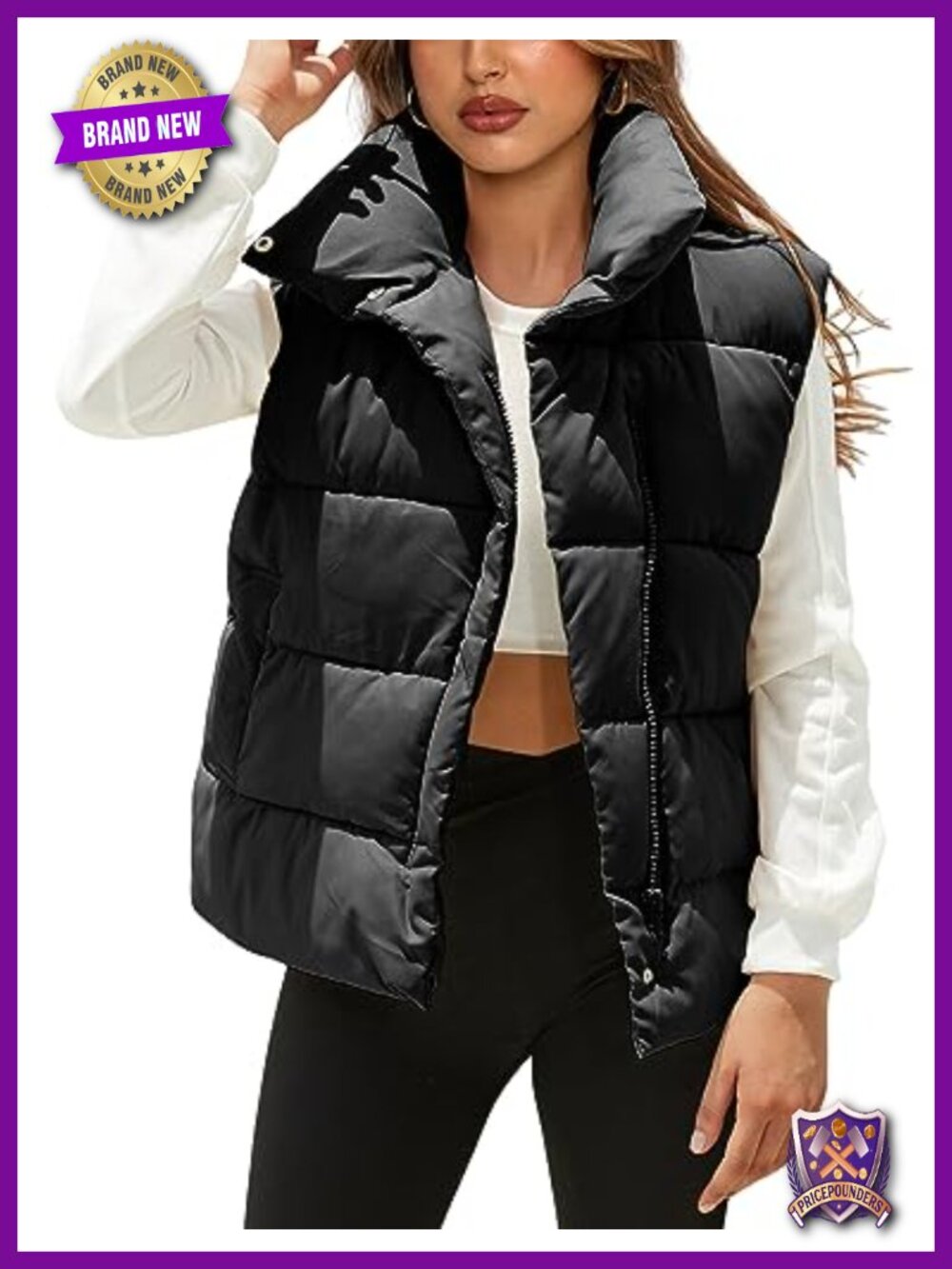 Oversized Sleeveless Quilted Puffer Vest Zip Button Stand Collar Side Pockets